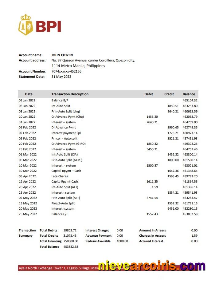 Philippines Bank of the Philippine Islands bank statement